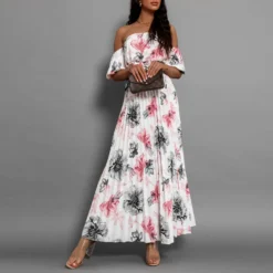 Women Sexy Off Shoulder Pleated Print Summer Print Long Dress -Deals Toggenix Store 12dc20aac031c755