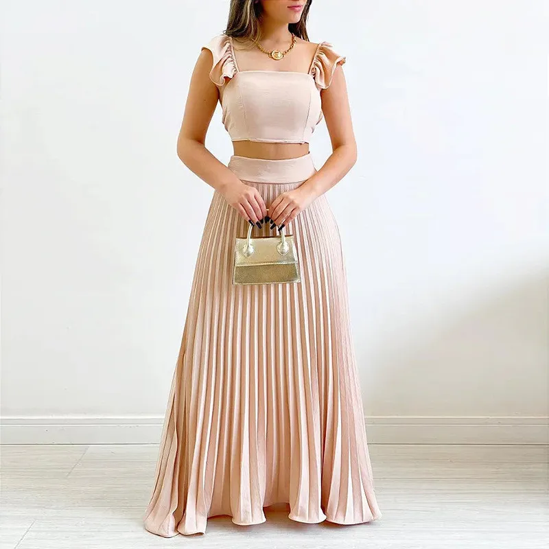 Women Solid Crop Top And High Waist Pleated Skirt Two-Piece Set 10 Women Solid Crop Top And High Waist Pleated Skirt Two-Piece Set - Image 10