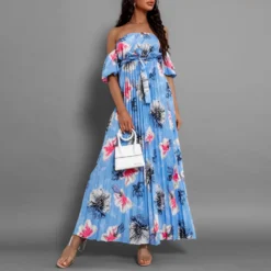 Women Sexy Off Shoulder Pleated Print Summer Print Long Dress -Deals Toggenix Store 145f8d5afa93fcef