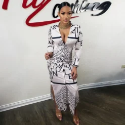 Women Letter Irregular Print Turndown Collar Long Sleeve Maxi Dress -Deals Toggenix Store 147e4e4d1b6686ba