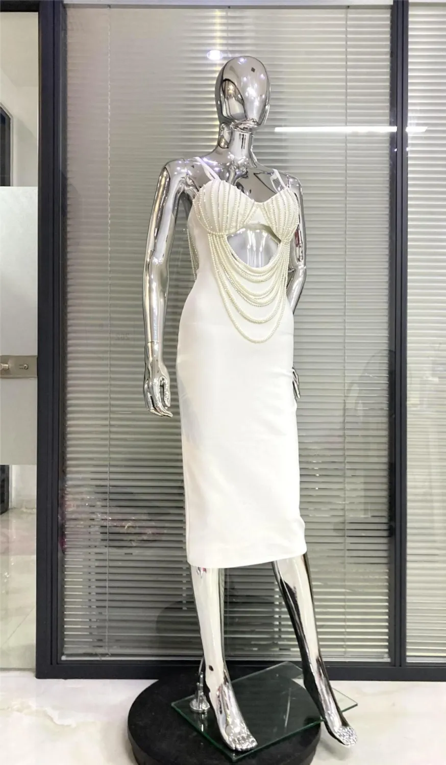 Gorgeous Beaded Sexy Cutout Strap Elegant Chic White Bandage Evening Gown 6 Gorgeous Beaded Sexy Cutout Strap Elegant Chic White Bandage Evening Gown - Image 6