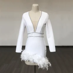 Women French V Neck Patchwork Diamond Long Sleeve Feather Bandage Dress -Deals Toggenix Store 153db85d5ab9224b 1