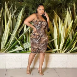 Women Summer Leopard Print Sexy U-Shaped Backless Dress