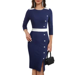 Chic Patchwork Round Neck Midi Colorblock Button Slit Bodycon Career Dress -Deals Toggenix Store 15a488ee49b0b7f8