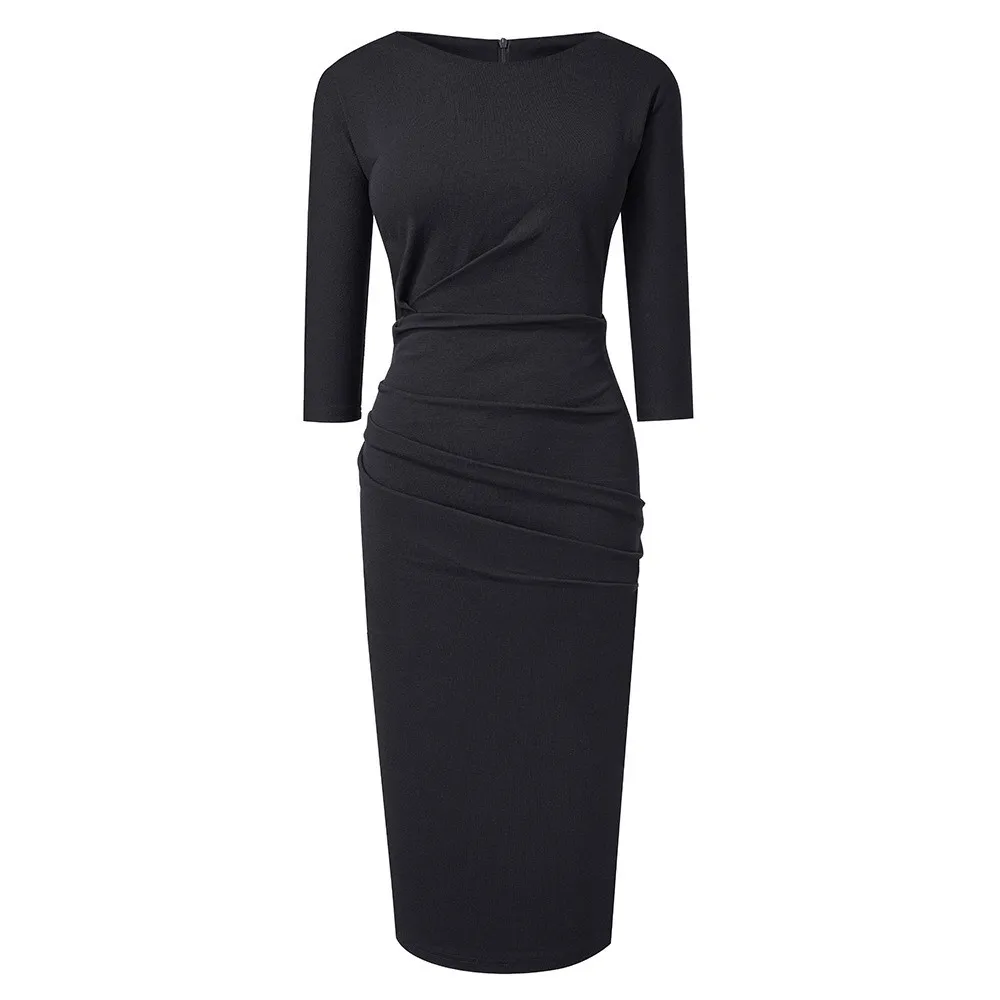 Women Fall Winter Elegant Pleated Round Neck Bodycon Dress 2 Women Fall Winter Elegant Pleated Round Neck Bodycon Dress - Image 2