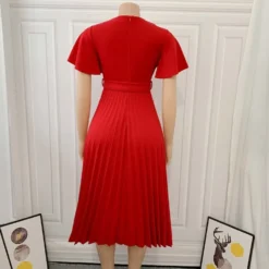 Autumn Formal Red V-Neck Pleated Office Dress With Belt -Deals Toggenix Store 1716db035d46d024