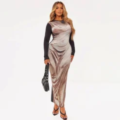 Women's Spring And Summer Fashion Round Neck Printed Long Sleeve Slim Waist Bodycon Dress -Deals Toggenix Store 17a7ea85b71b6a24