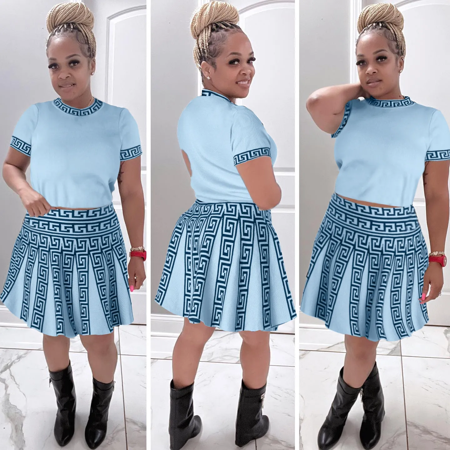 Women Round Neck Knitting Print Short-sleeved Top And Pleated Skirt Two-piece Set 13 Women Round Neck Knitting Print Short-sleeved Top And Pleated Skirt Two-piece Set - Image 13