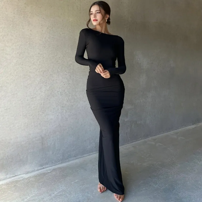 Women's Long-Sleeved Sexy Deep V-Neck Pleated Slim Long Dress 14 Women's Long-Sleeved Sexy Deep V-Neck Pleated Slim Long Dress - Image 14