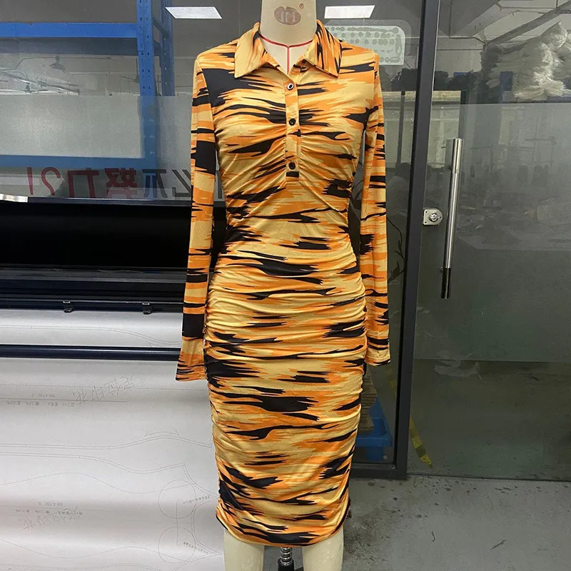 Women's Spring And Summer Printed Fashion Casual Pleated Long Sleeve Slim Chic Long Dress 3 Women's Spring And Summer Printed Fashion Casual Pleated Long Sleeve Slim Chic Long Dress - Image 3