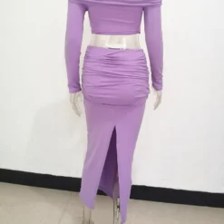 Fall Women Off Shoulder Halter Neck Long Sleeve Knot Crop Top+ Maxi Dress Two Piece -Deals Toggenix Store 1c51857c81deb433