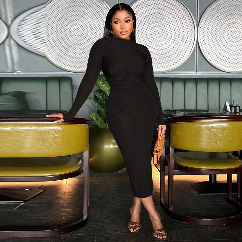 Women's Solid Color Round Neck Long Sleeve Slim Midi Dress 8 Women's Solid Color Round Neck Long Sleeve Slim Midi Dress - Image 8