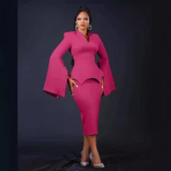 Women Solid Pleated Swing Sleeve V-Neck Dress -Deals Toggenix Store 1c9595ab61bb198c