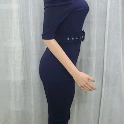 Women Clothes Slash Shoulder Metal Chain Strap Slit Office Dress With Belt -Deals Toggenix Store 1d27e728b8e6a344