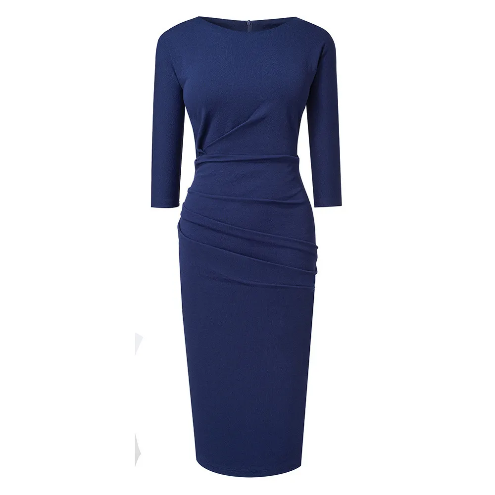 Women Fall Winter Elegant Pleated Round Neck Bodycon Dress 5 Women Fall Winter Elegant Pleated Round Neck Bodycon Dress - Image 5