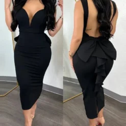 Chic Elegant Solid Color Low Back Deep V High Waist Bow Elastic Slit Bodycon Dress -Deals Toggenix Store 1fad038db9e7c5f2
