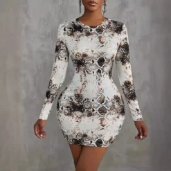Women's Round Neck Snake Print Long Sleeve Bodycon Dress -Deals Toggenix Store 1faf2cf8367606e8