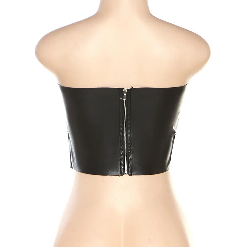 Summer Women Sexy Pu Leather Solid Strapless Fold Top 8 Summer Women Sexy Pu Leather Solid Strapless Fold Top - Image 8