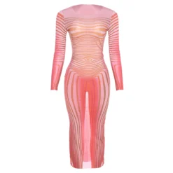 Women's Summer Round Neck Pullover Striped Mesh Print See-Through Sexy Slim Bodycon Dress -Deals Toggenix Store 208df978e5ead05f