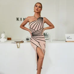 Women Sexy Slit Slash Shoulder Striped One Shoulder Sleeveless Bandage Dress 27 Women Sexy Slit Slash Shoulder Striped One Shoulder Sleeveless Bandage Dress -Deals Toggenix Store 2110d216ef735673