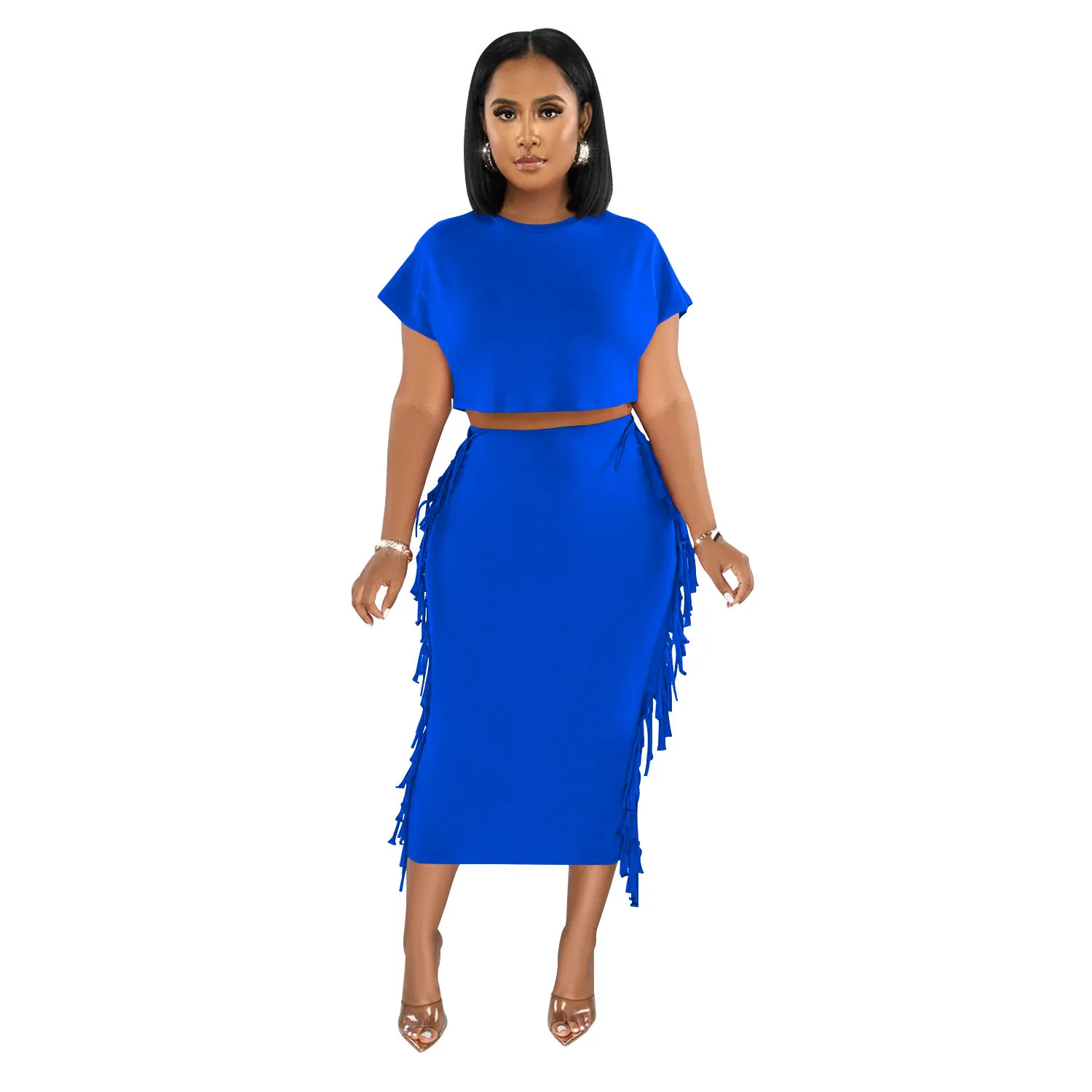 Women Solid Tassel Round Neck Short Sleeve Top And Long Dress Two-Piece Set 18 Women Solid Tassel Round Neck Short Sleeve Top And Long Dress Two-Piece Set - Image 18