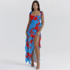 Sexy Printed Ruffle Strap Slit Long Dress -Deals Toggenix Store 213bed2b5f25ff18