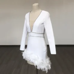 Women French V Neck Patchwork Diamond Long Sleeve Feather Bandage Dress -Deals Toggenix Store 21ad235136f6f3d1