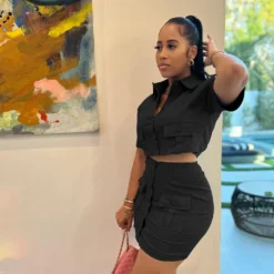 Women Solid Button Pocket Top And Camouflage Skirt Two-Piece Set -Deals Toggenix Store 223ccc562ea4c20f