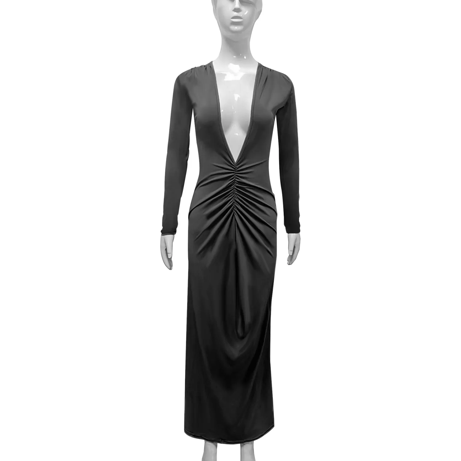 Women's Long-Sleeved Sexy Deep V-Neck Pleated Slim Long Dress 10 Women's Long-Sleeved Sexy Deep V-Neck Pleated Slim Long Dress - Image 10