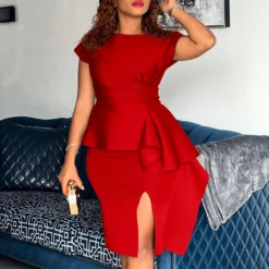 Plus Size Women Round Neck Solid Short Sleeve Slit Dress -Deals Toggenix Store 22e78e1560aa37ff