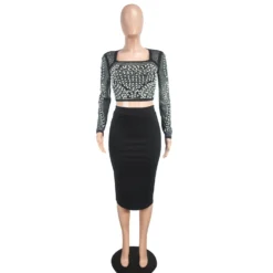 Women Sexy Long Sleeve Beaded Crop Top And Skirt Two-piece Set -Deals Toggenix Store 24332423c21692f6