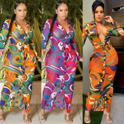 Fashion Sexy Mesh See-Through Print V-Neck Long Sleeve Dress Women -Deals Toggenix Store 245431100779e905