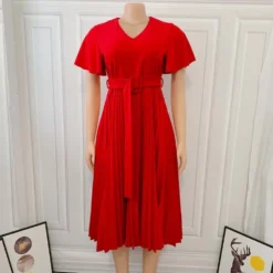 Autumn Formal Red V-Neck Pleated Office Dress With Belt