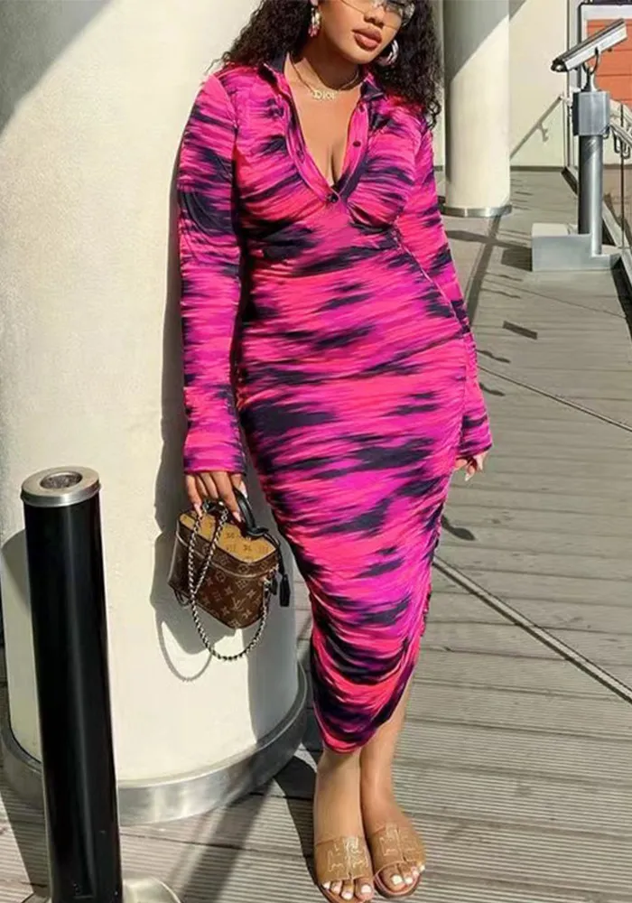 Women's Spring And Summer Printed Fashion Casual Pleated Long Sleeve Slim Chic Long Dress 10 Women's Spring And Summer Printed Fashion Casual Pleated Long Sleeve Slim Chic Long Dress - Image 10