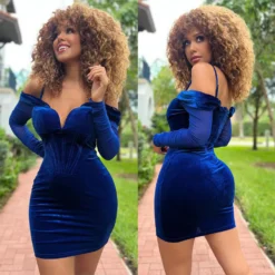 Women's Fashion Mesh Long Sleeve Off Shoulder V-Neck Velvet Strap Dress -Deals Toggenix Store 24eeff72416fe377