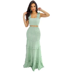 Ruffle Sleeveless Halter Bust Bodycon Cake Maxi Ruffle Two-Piece Set