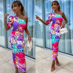 Women Summer Slash Shoulder Stretch Slit Printed Bodycon Dress -Deals Toggenix Store 25dc7fbf2404f8c9