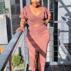 Women Ruffle Sleeve Crop V-Neck Top And Slit Bodycon Skirt Two-Piece Set -Deals Toggenix Store 25fc2136218ecd1d