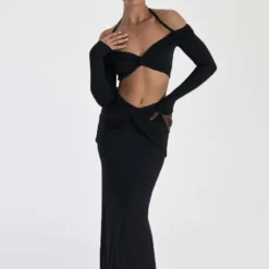 Fall Women Off Shoulder Halter Neck Long Sleeve Knot Crop Top+ Maxi Dress Two Piece -Deals Toggenix Store 260521119004360e