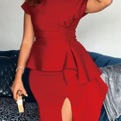 Plus Size Women Round Neck Solid Short Sleeve Slit Dress -Deals Toggenix Store 26388e7b1c757f76