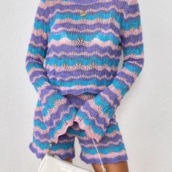 Two-piece Autumn/Winter Patchwork Knitting Loose Round Neck Striped Sweater Women