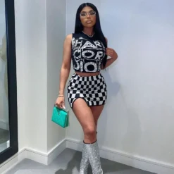 Women Clothes Fashion Print Sleeveless Vest Checker Mini Slit Skirt Two Piece Set -Deals Toggenix Store 2674ebf32740594a