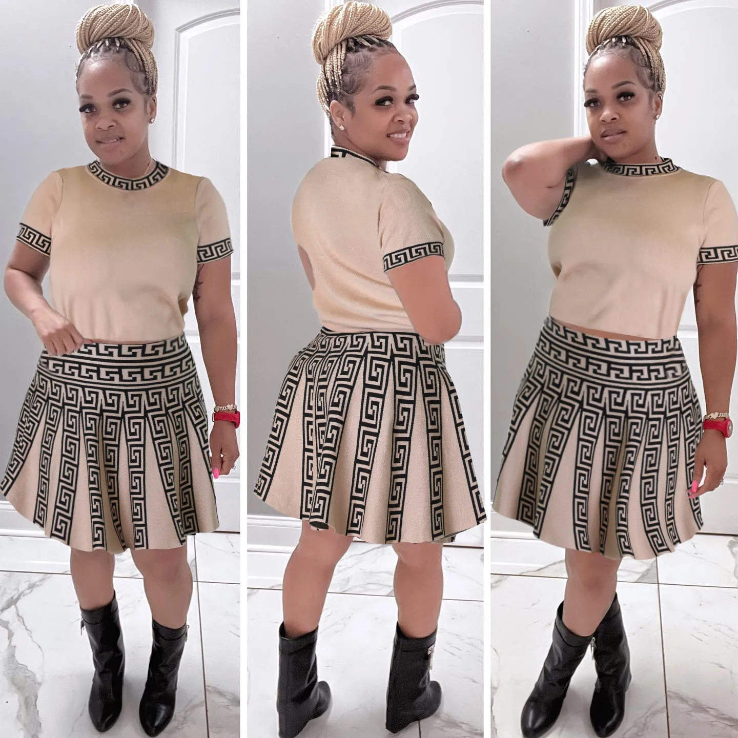 Women Round Neck Knitting Print Short-sleeved Top And Pleated Skirt Two-piece Set 8 Women Round Neck Knitting Print Short-sleeved Top And Pleated Skirt Two-piece Set - Image 8