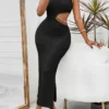 Women Summer Solid Casual Round Neck Off-Shoulder Cut Out Sexy Maxi Dress