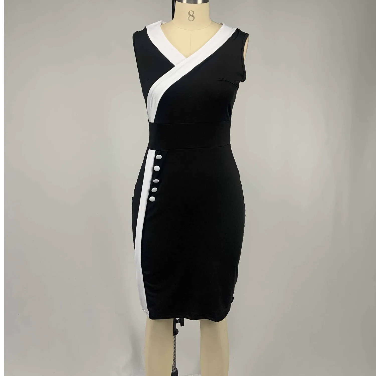 Women Sleeveless V-Neck Button Up Bodycon Dress 6 Women Sleeveless V-Neck Button Up Bodycon Dress - Image 6