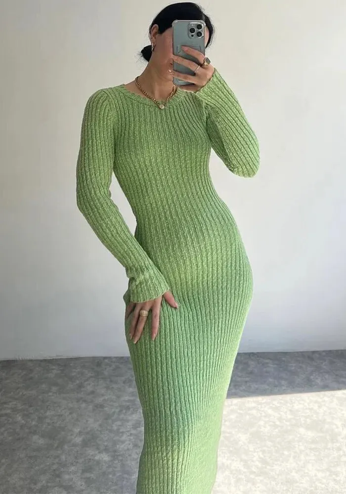 Women Round Neck Long Sleeve Ribbed Bodycon Dress 7 Women Round Neck Long Sleeve Ribbed Bodycon Dress - Image 7