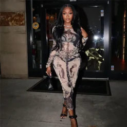 Autumn Women 's Sexy Digital Print Mesh High Waist Slim Long Dress -Deals Toggenix Store 29b74585064457a2