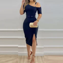 Women Clothes Slash Shoulder Metal Chain Strap Slit Office Dress With Belt