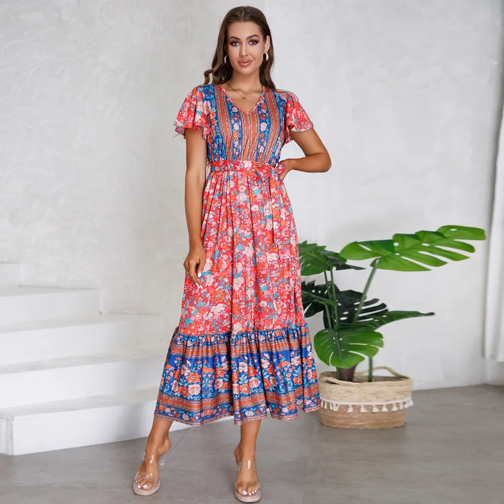 Women's Summer V-Neck Ruffle Sleeve Floral Print Long Dress 2 Women's Summer V-Neck Ruffle Sleeve Floral Print Long Dress - Image 2