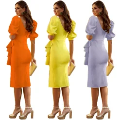Women's Fashion Solid Color Ruch Slit Elegant Low Back Sexy Puff Sleeve Midi Dress -Deals Toggenix Store 2af5a7cf1c89602f